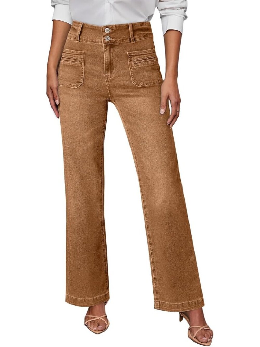 Women's Brown Tummy Control Stretchy Cotton Blend Zip Up Straight Leg Jeans